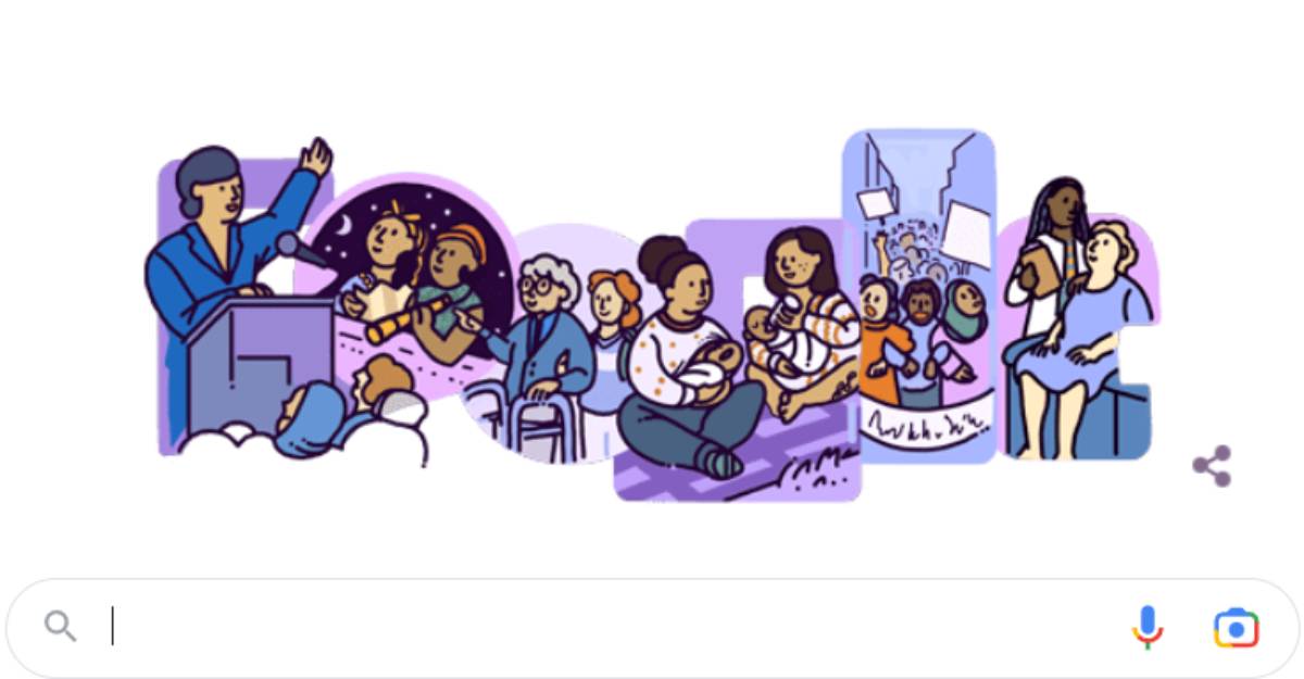 El Doodle destaca la manera en que las mujeres se apoyan entre ellas poniendo en cada letra una imagen de las labores en las que se apoyan mutuamente para progresar. El color morado es el símbolo que las mujeres usan para pedir luchar por sus derechos.